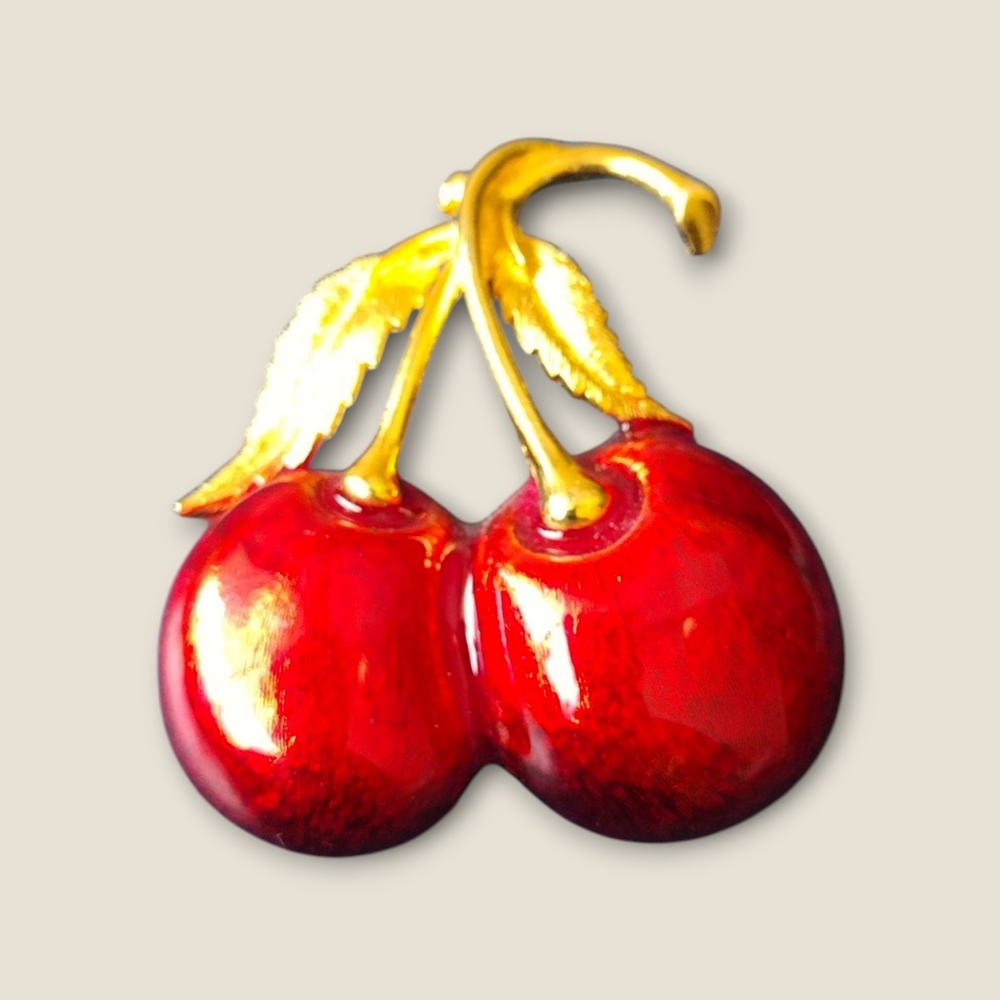 Vintage Gold Tone and Red Enameled Cherry Brooch
